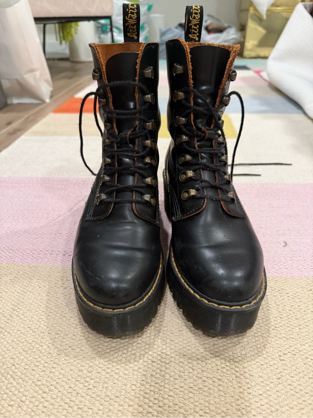 Dr. Martens/ Free People Black Leather Lace-Up Platform Boots
